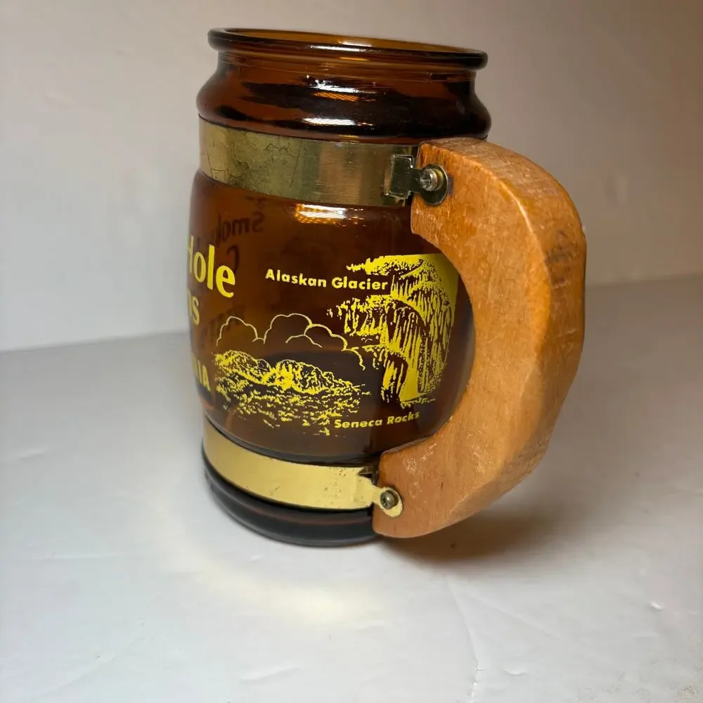 Vintage Smoke Hold Caverns West Virginia Souvenir Brown Glass Barrel Mug Wood